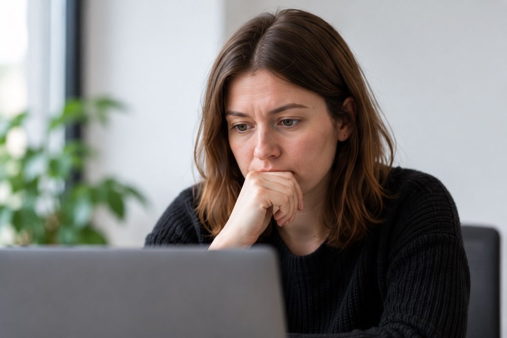 Someone frowning at a laptop