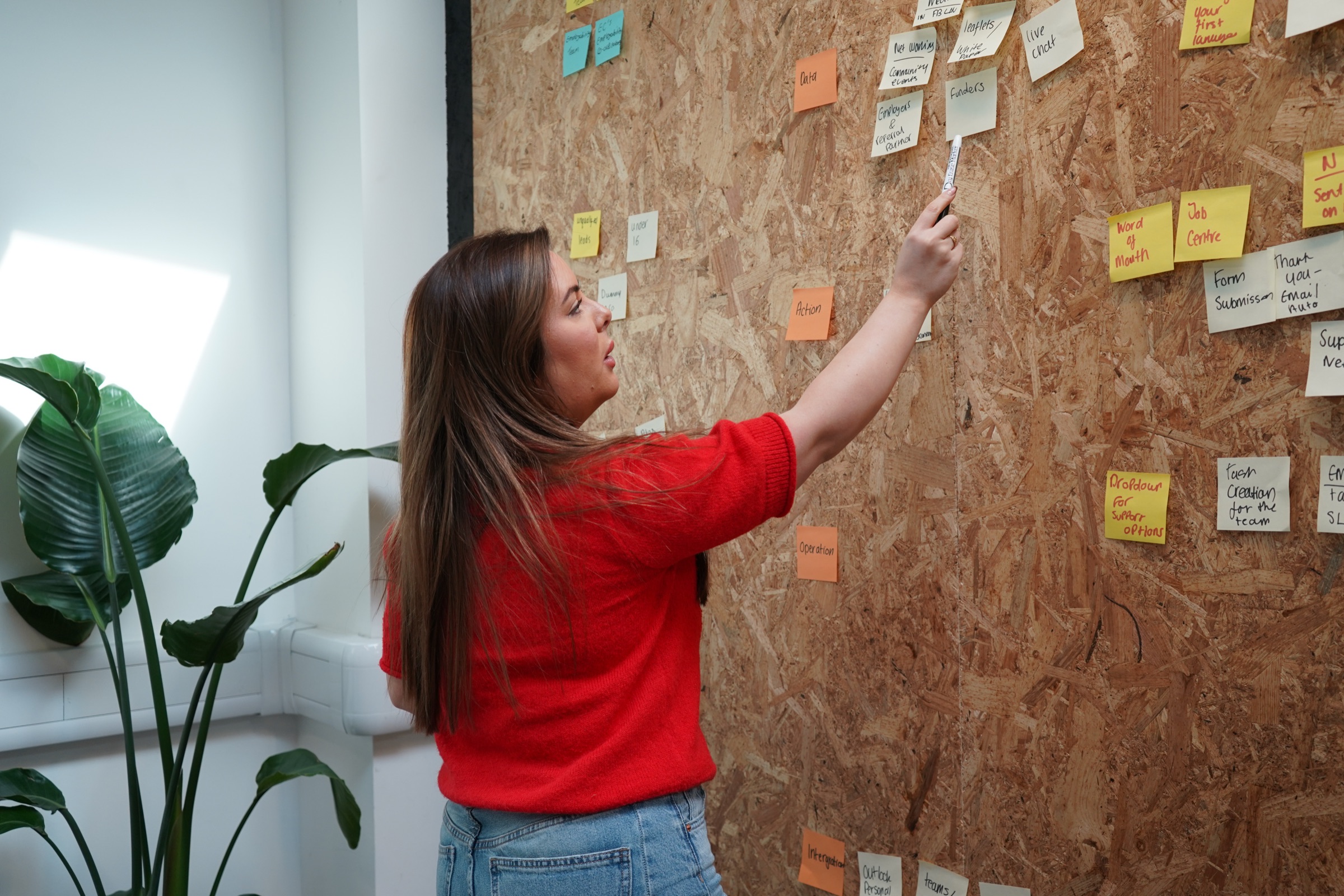 Planning tasks on a wall of sticky notes