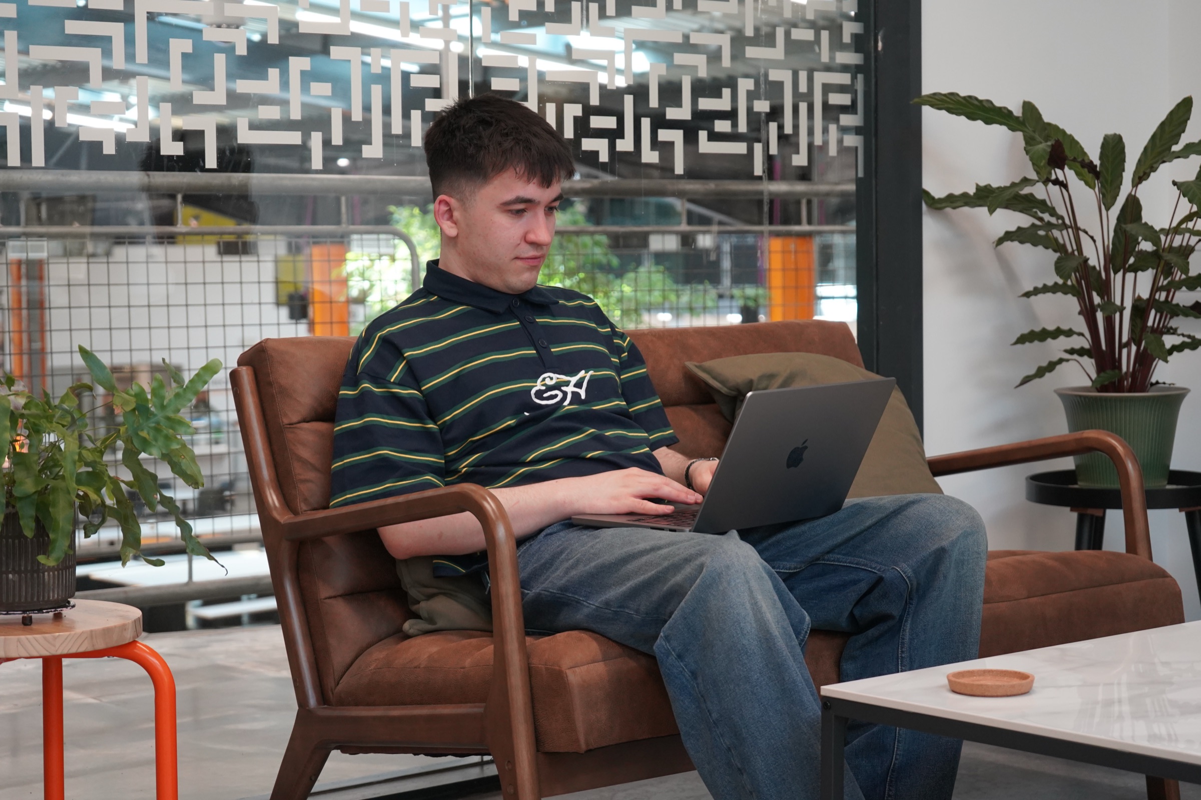 A participant relaxing before a session